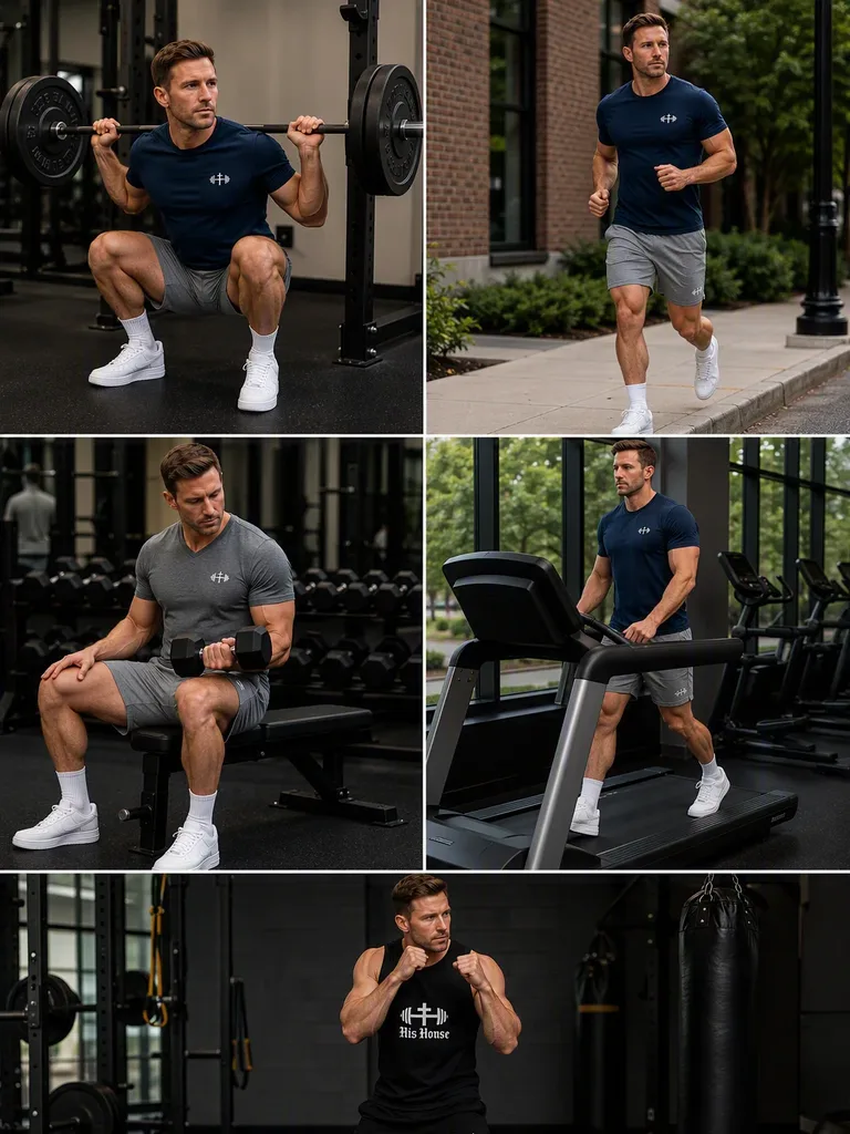 Man wearing His House workout apparel in navy, gray, green, and black during strength and cardio training