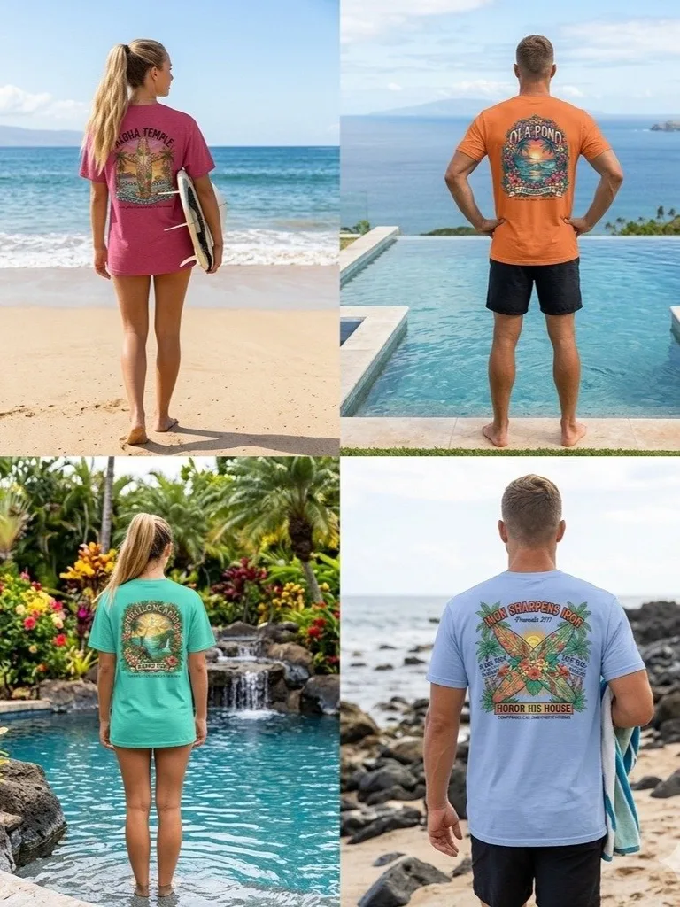 Women and men wearing Ola Pono graphic t-shirts at the beach, pool, garden, and shoreline