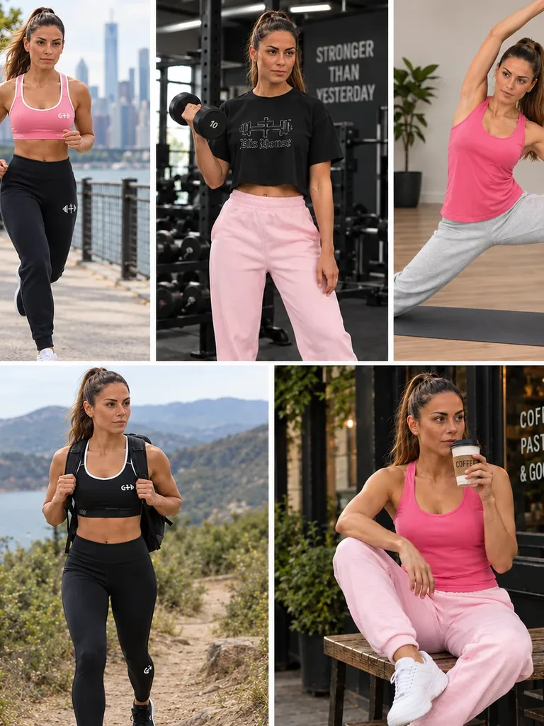 Women’s workout bundle with black leggings, black and pink padded sports bras, racerback tank, and classic crop tee