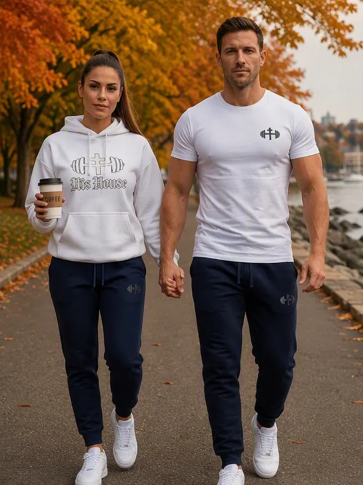 Man and woman walking together in His House Heritage joggers