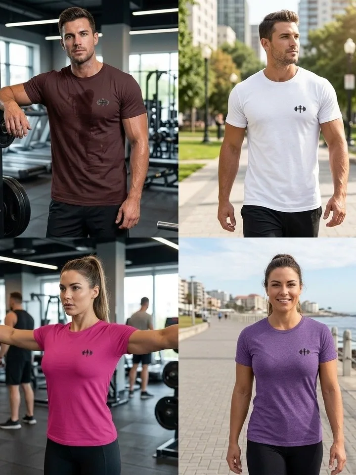 Four shots of a man and woman wearing the His House Heritage classic tee